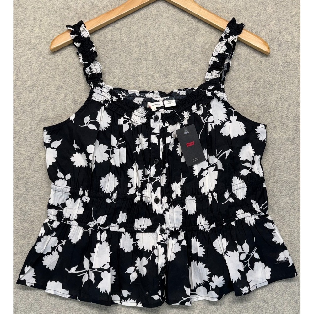 NWT Levi's Womens Vera Sleeveless Blouse Top Black Slim Fit Floral Preppy L